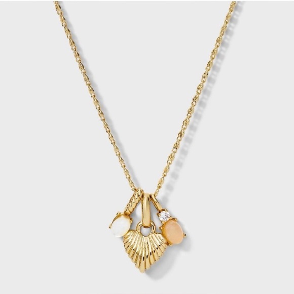 Jewelry - 14K Gold Dipped Heart with Rose Quartz, Cubic Zirconia, Mother of Pearl Necklace